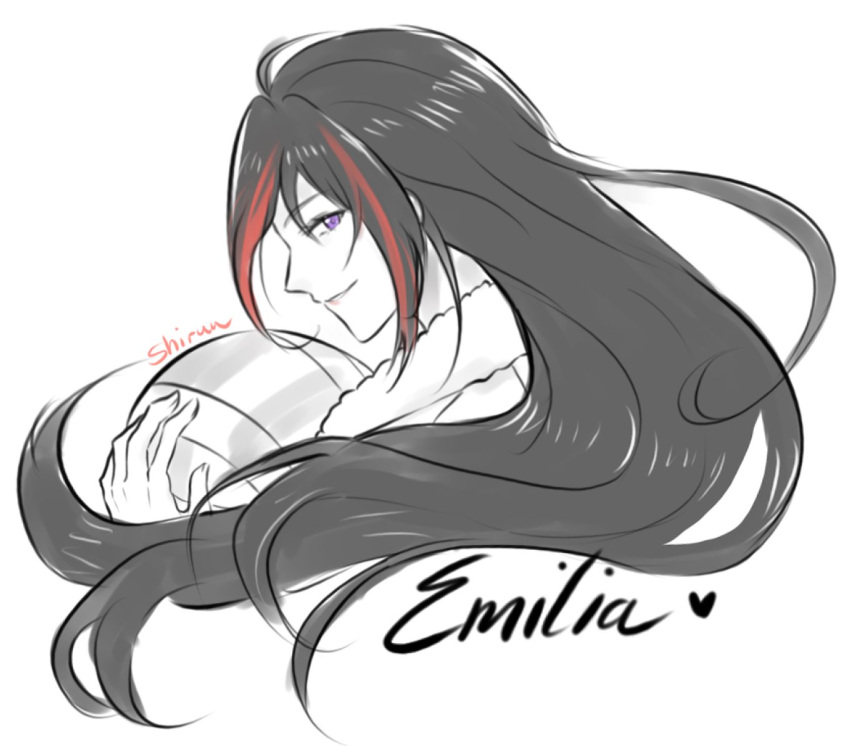 1girl, ahoge, artist_name, black_hair, character_name, closed_mouth, eiyuu_densetsu, emilia_harling