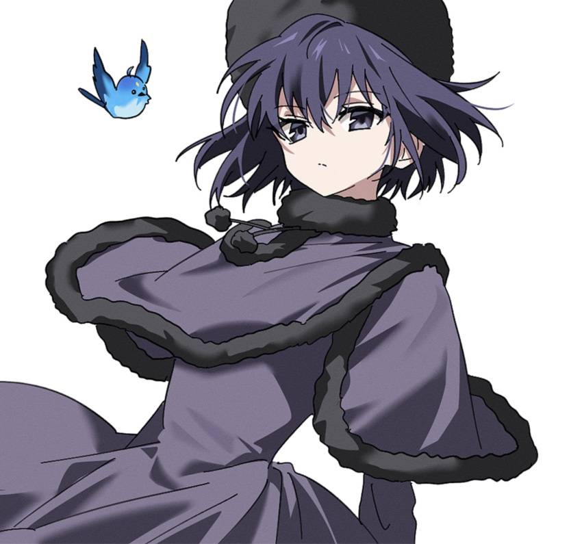 1girl, bird, black_capelet, black_dress, black_eyes, black_hair, black_trim, blue_bird