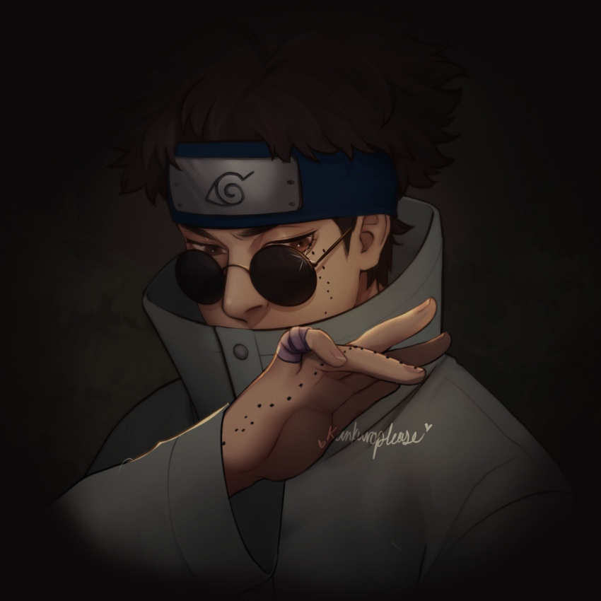 1boy, aburame_shino, blue_headband, brown_coat, brown_eyes, brown_hair, bug, coat