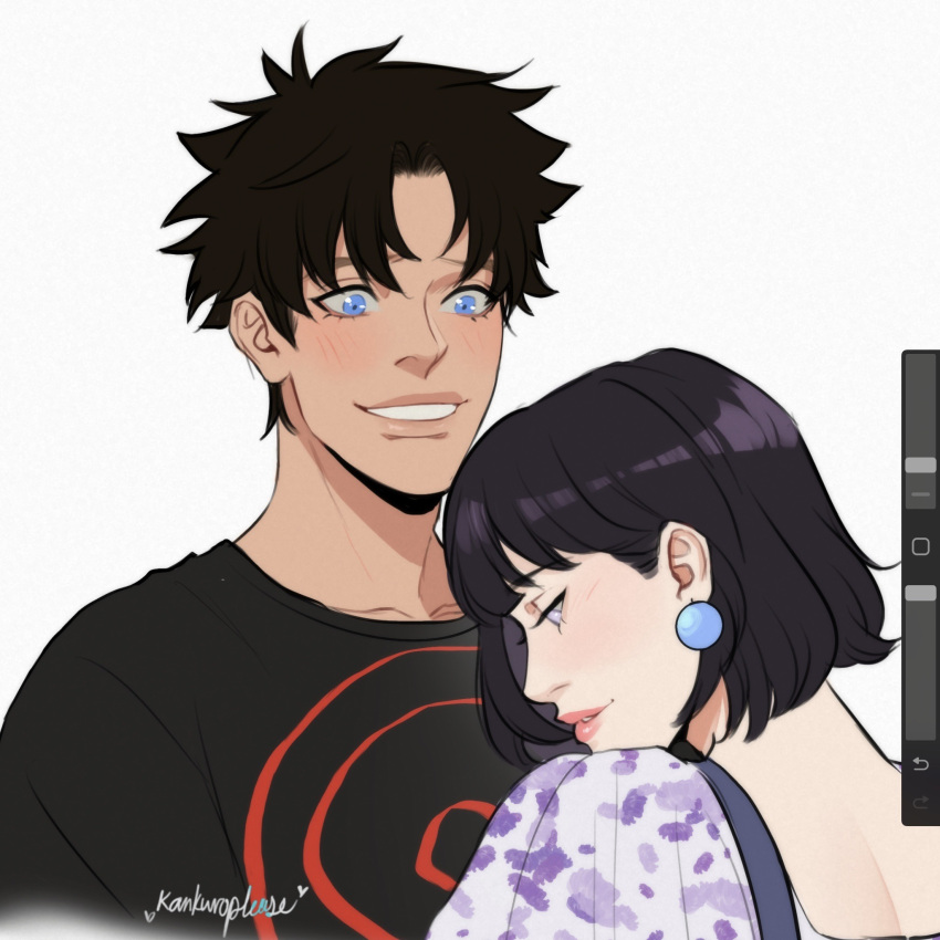 1boy, 1girl, alternate_hair_length, alternate_hairstyle, art_program_in_frame, black_hair, black_shirt, blue_eyes
