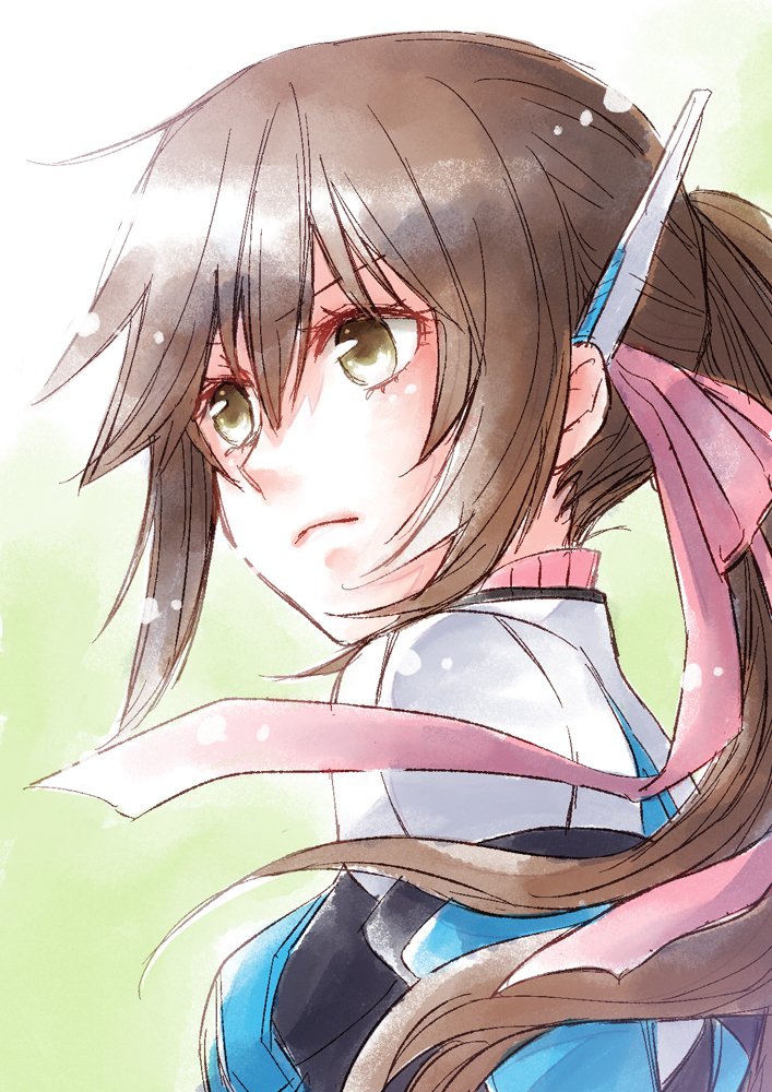 1girl, bodysuit, brown_eyes, brown_hair, closed_mouth, commentary_request, frown, hair_ribbon