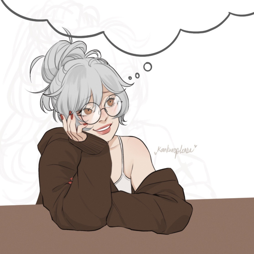 1girl, brown_eyes, brown_hoodie, camisole, commentary, english_commentary, glasses, grey_hair