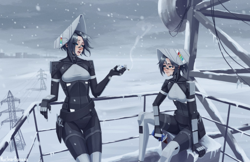 2girls, against_railing, ara_(signalis), black_hair, blue_eyes, cable, chocolate, cigarette