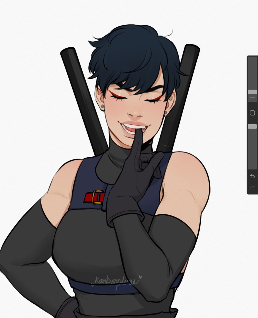 1girl, art_program_in_frame, biting_own_finger, black_gloves, black_hair, breasts, closed_eyes, commentary