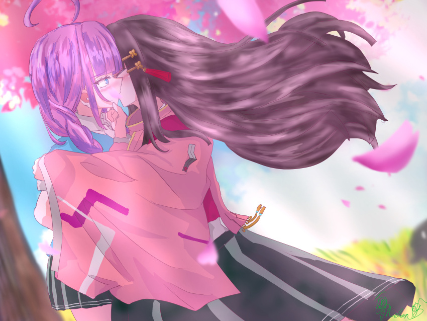 2girls, absurdres, ahoge, bgcl_mbjr_ill, black_hair, cherry_blossoms, commentary_request, date_akari, falling_petals, heaven_burns_red, highres, kiss, long_hair, multiple_girls, nikaidou_misato, petals, pink_eyes, yuri