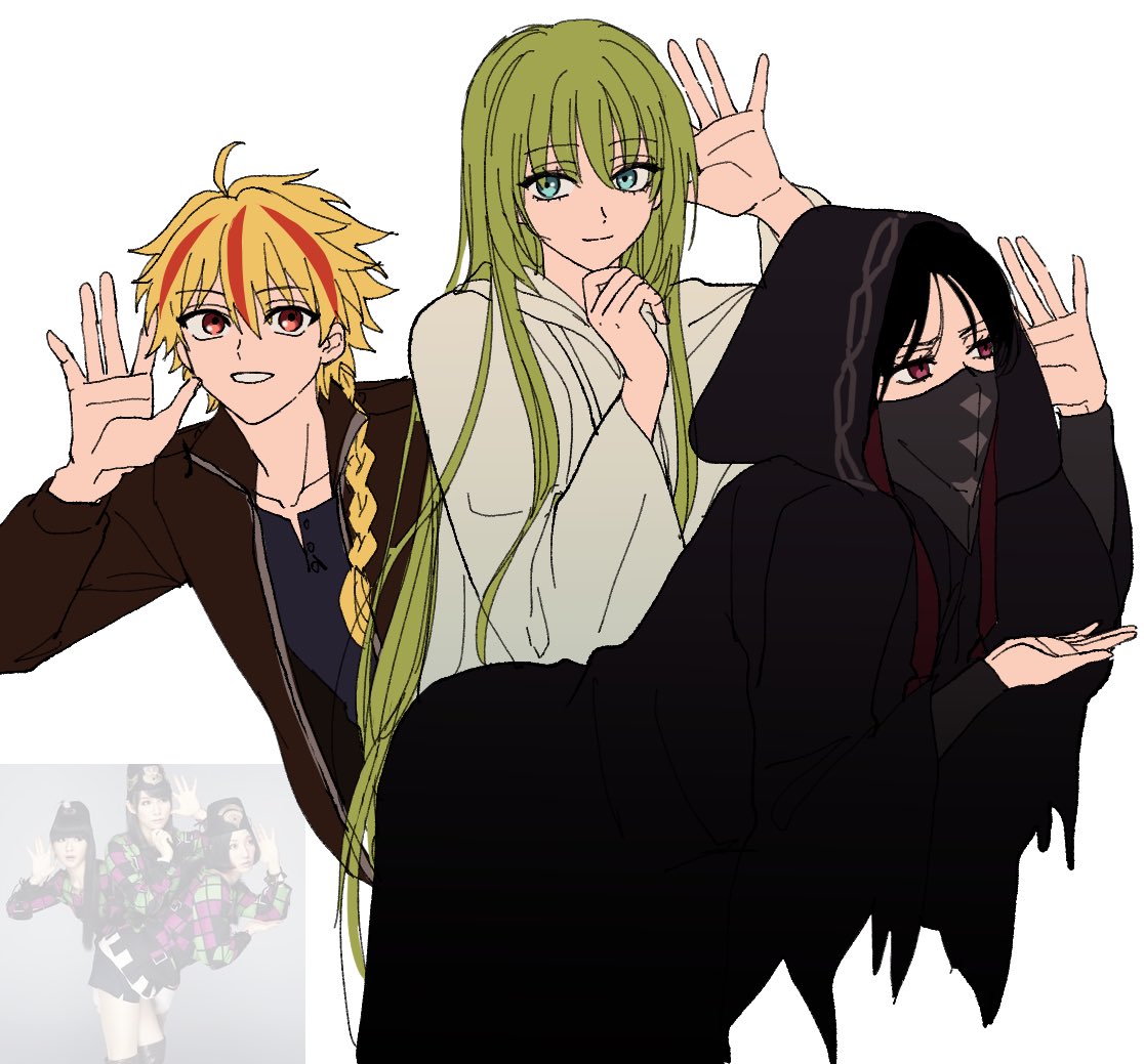 1boy, 1girl, 1other, ahoge, androgynous, black_hair, blonde_hair, braid, braided_ponytail, cloak, commentary_request, enkidu_(fate), fate/strange_fake, fate_(series), green_eyes, green_hair, hood, hood_up, hooded_cloak, jacket, korean_commentary, long_hair, long_sleeves, looking_at_viewer, mask, mouth_mask, multicolored_hair, no_name_assassin_(fate), open_mouth, perfume_(band), red_eyes, red_streaks, reference_inset, richard_i_(fate), robe, rotomem, shirt, simple_background, single_braid, smile, white_background