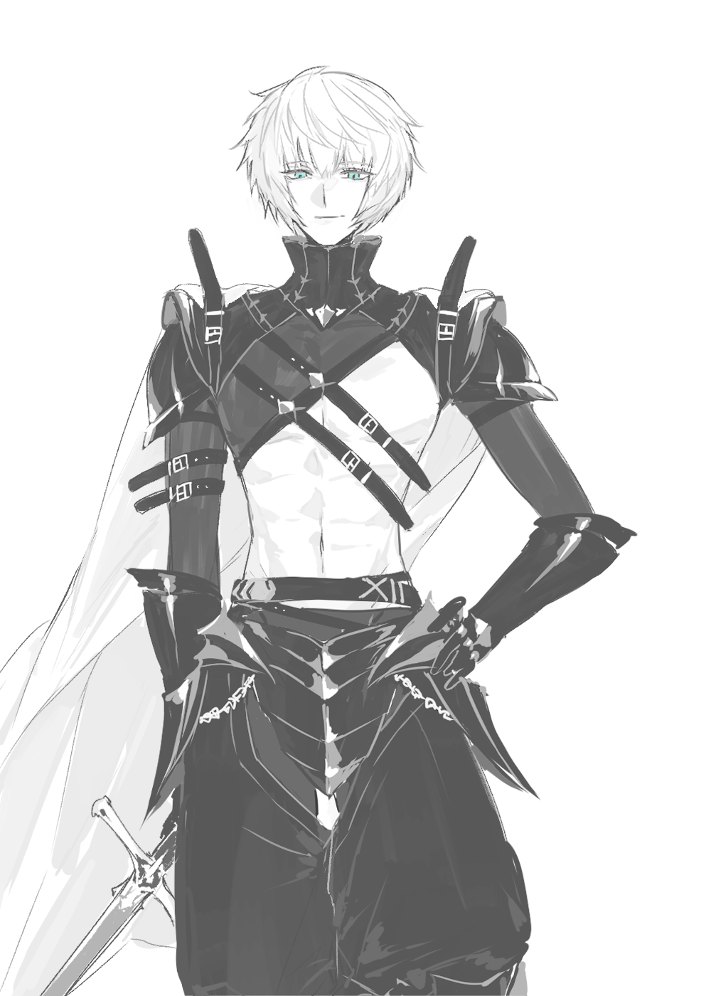 1boy, abs, armor, belt, blue_eyes, chest_harness, cowboy_shot, fate/grand_order, fate_(series), greyscale, hand_on_own_hip, harness, highres, holding, holding_sword, holding_weapon, looking_at_viewer, male_focus, monochrome, multiple_belts, navel, psp41, roland_(fate), short_hair, shrug_(clothing), simple_background, smile, solo, spot_color, sword, weapon, white_background