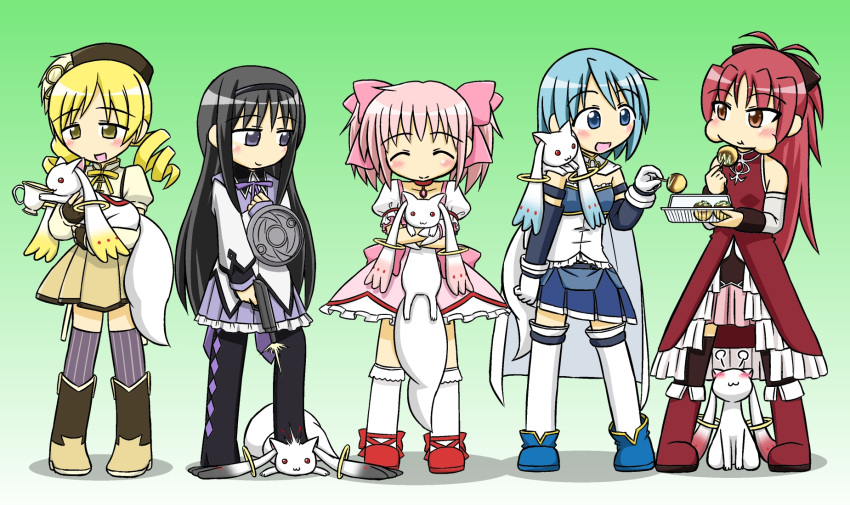 absurdres, akemi_homura, black_hair, blood, blush, cup, drill_hair, eating