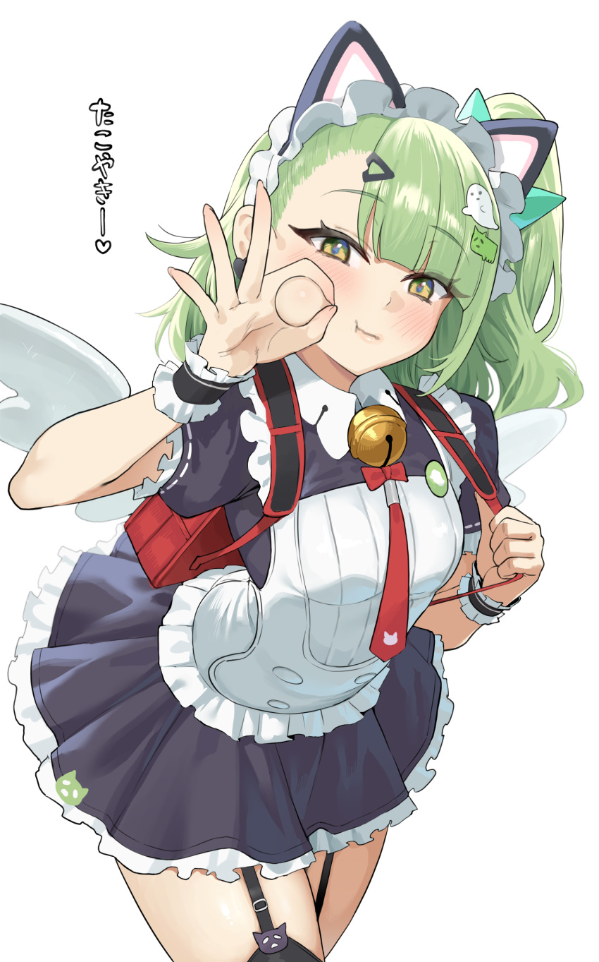 1girl, absurdres, animal_ears, bell, black_garter_straps, black_thighhighs, cat_ears, closed_mouth, commentary_request, fake_animal_ears, garter_straps, green_eyes, green_hair, hair_ornament, hairclip, highres, jingle_bell, katsura_harufumi, maid, maid_headdress, necktie, official_alternate_costume, red_necktie, short_sleeves, simple_background, smile, solo, standing, sunna_(afternoon_tea_break)_(zenless_zone_zero), sunna_(zenless_zone_zero), thigh-highs, translation_request, white_background, yellow_eyes, zenless_zone_zero