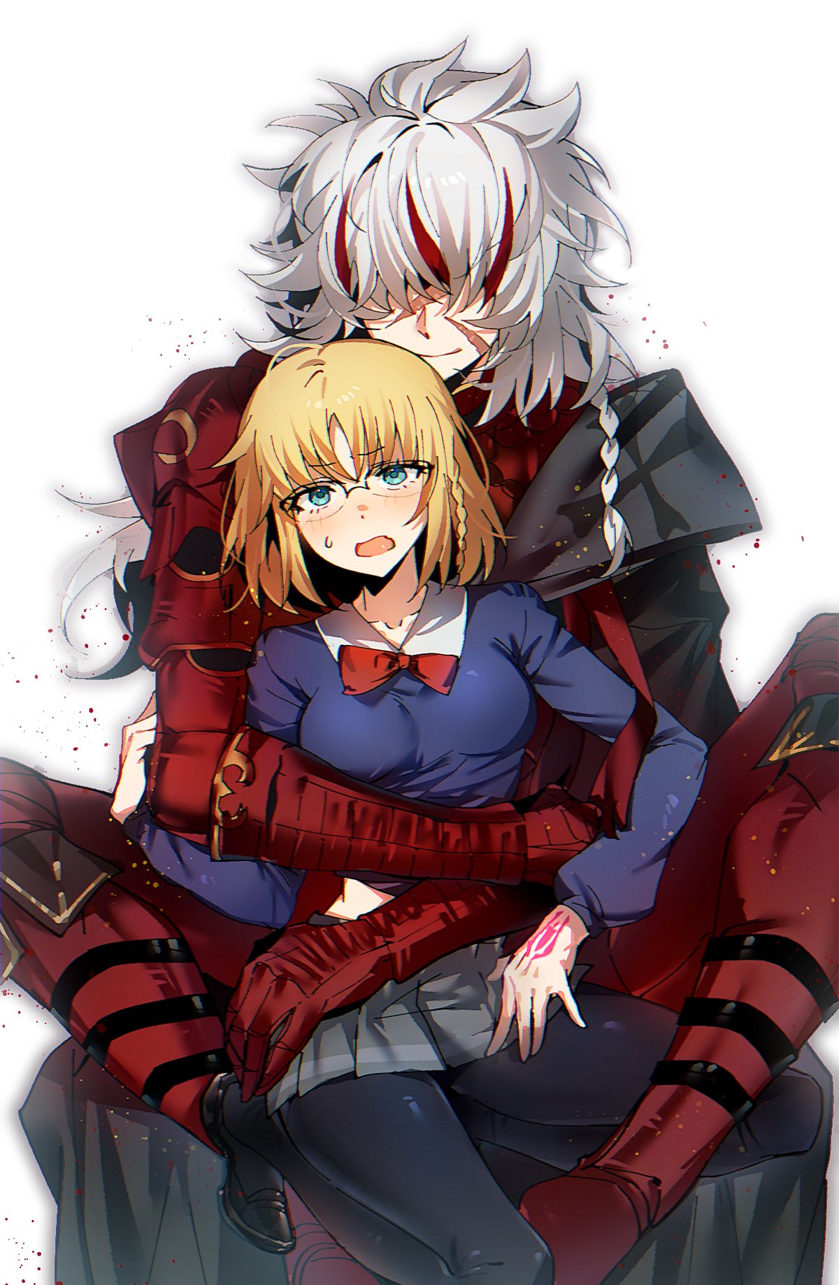 1boy, 1girl, alter_servant, armor, artist_request, black_pantyhose, blonde_hair, blue_eyes