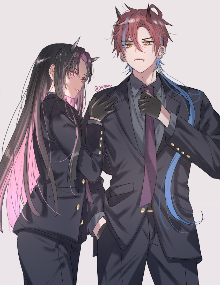 2boys, absurdres, adjusting_clothes, adjusting_necktie, alternate_costume, alternate_hairstyle, artist_name, black_gloves