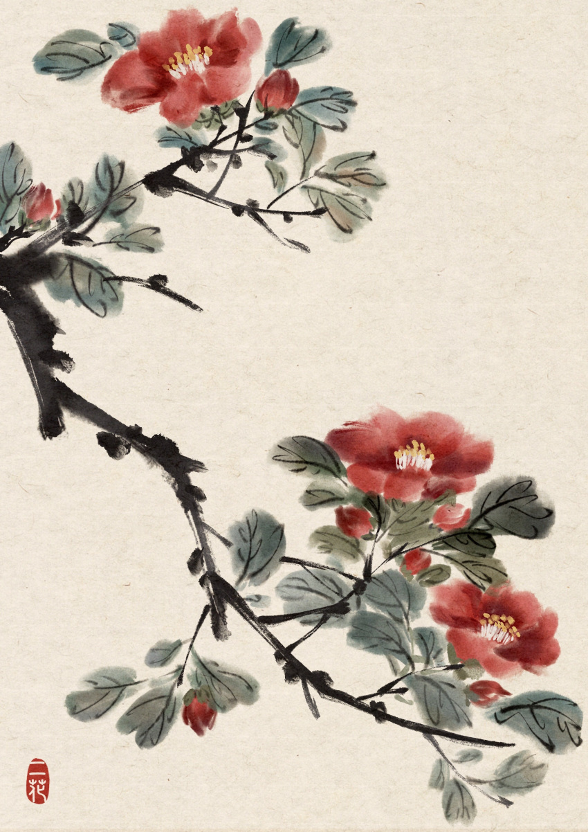 absurdres, branch, camellia, chinese_commentary, commentary_request, flower, highres, hua_zhangerhua, ink_wash_painting, leaf, no_humans, original, plant, red_flower, signature, still_life, traditional_media, yellow_background