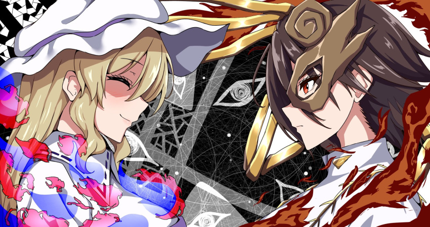 2girls, blonde_hair, brown_hair, closed_eyes, closed_mouth, collared_shirt, commentary, expressionless