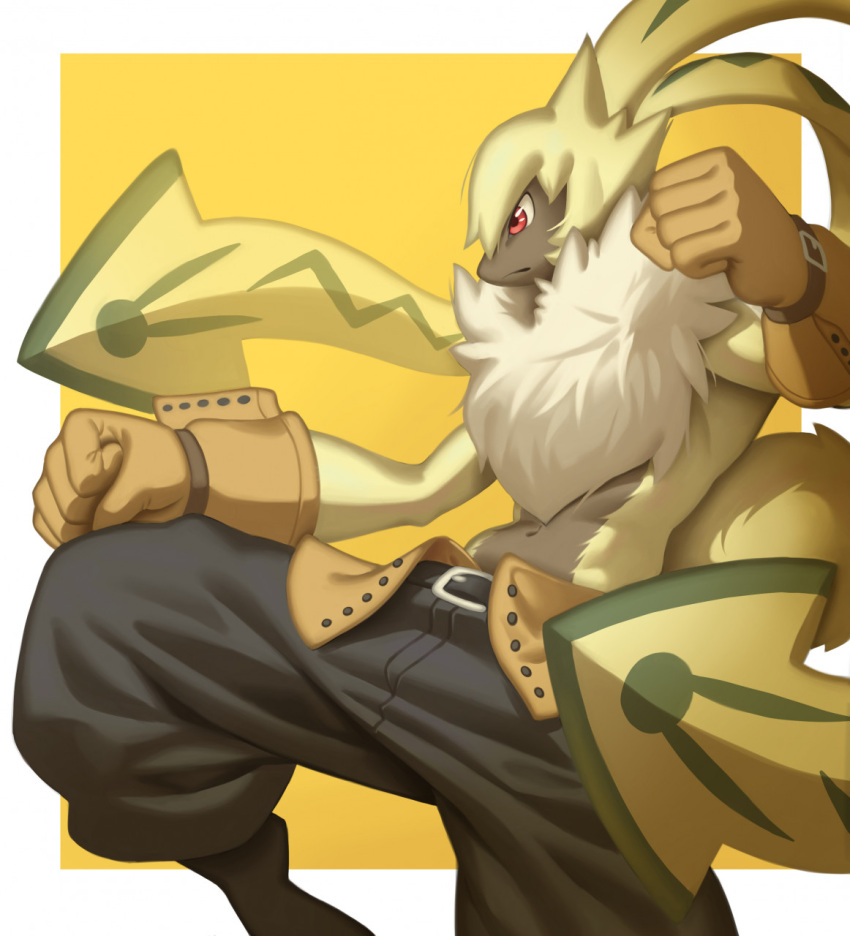 1boy, baggy_pants, body_fur, brown_gloves, clenched_hands, digimon, digimon_(creature), english_commentary