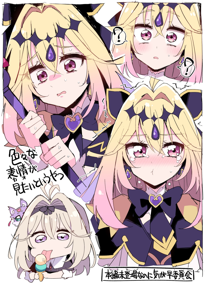 1girl, :t, absurdres, antenna_hair, black_bow, black_bowtie, black_hairband, blonde_hair