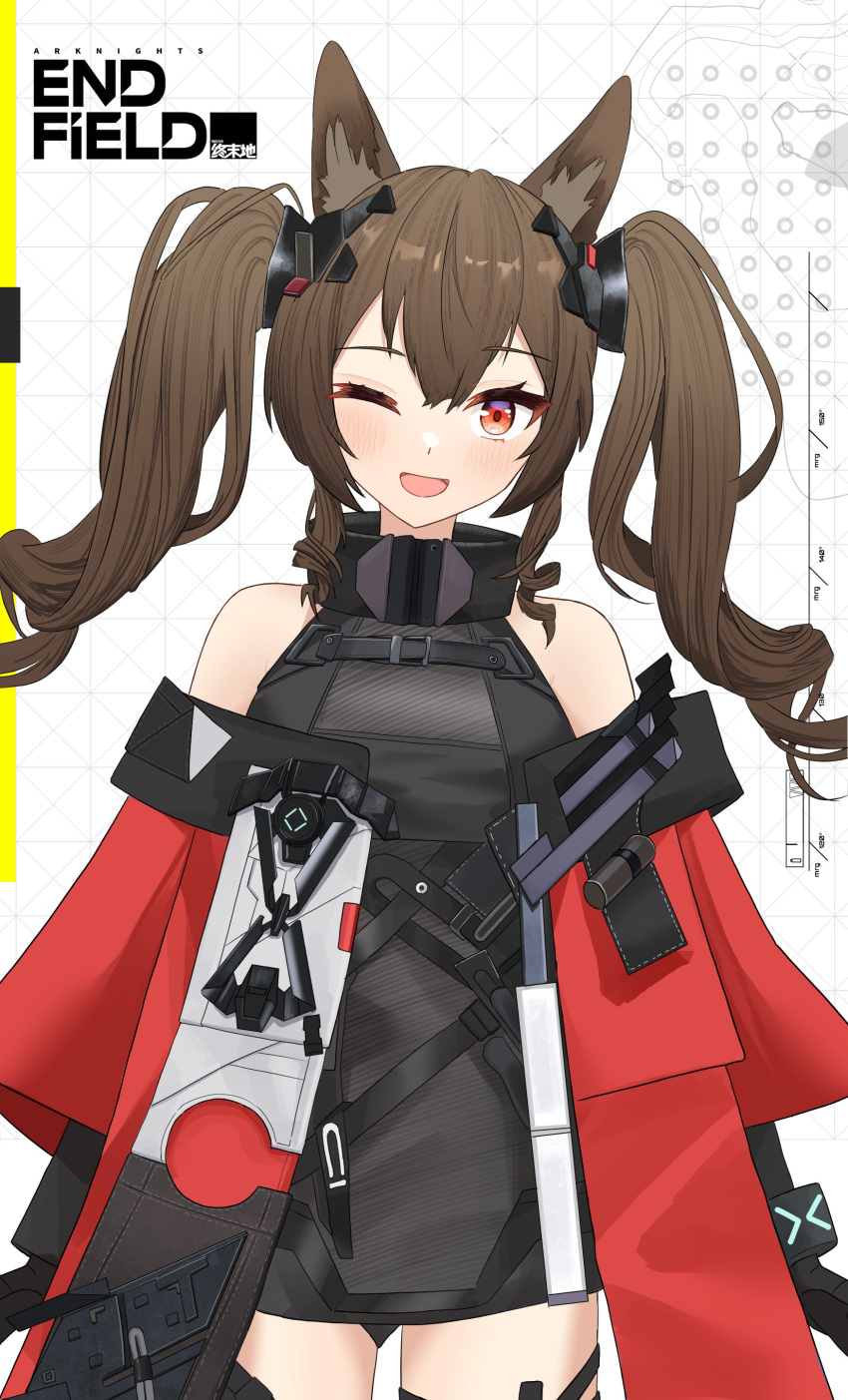 1girl, :d, absurdres, angelina_(arknights), animal_ear_fluff, animal_ears, arknights, arknights:_endfield, bare_shoulders, black_gloves, blush, breasts, brown_hair, coat, commentary, copyright_name, cowboy_shot, dot_nose, dress, elbow_gloves, english_commentary, fox_ears, fox_girl, gilberta_(arknights), gloves, grey_dress, high_collar, highres, impossible_clothes, impossible_dress, infection_monitor_(arknights), keaworks, long_hair, looking_at_viewer, medium_breasts, off_shoulder, one_eye_closed, open_clothes, open_coat, red_coat, red_eyes, short_dress, sleeveless, sleeveless_dress, smile, solo, straight_hair, twintails, white_background