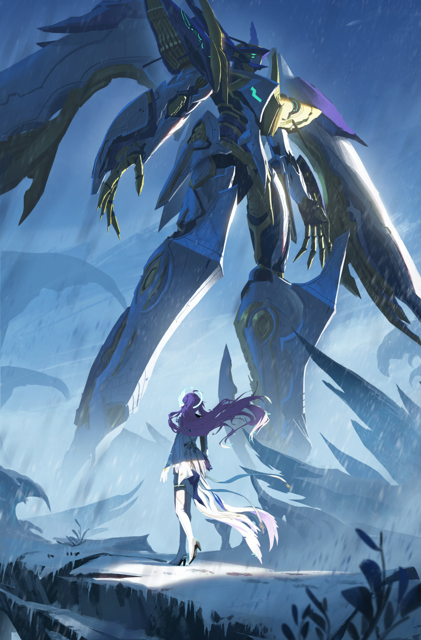 1girl, absurdres, aemeath_(wuthering_waves), asteroid_ill, boots, commentary, exostrider_(wuthering_waves), hashtag-only_commentary, high_heel_boots, high_heels, highres, long_hair, mecha, outdoors, pink_hair, ponytail, robot, snow, solo, thigh_boots, white_boots, wind, wuthering_waves