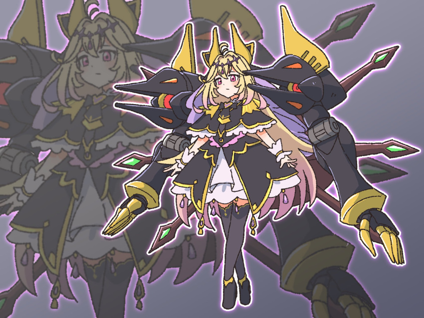 1girl, antenna_hair, black_bow, black_capelet, black_dress, blonde_hair, bow, brooch, capelet, closed_mouth, code_geass, cure_arcana_shadow, dress, echieichi, gawain_(code_geass), gradient_hair, hair_bow, hair_intakes, heart, heart_brooch, highres, jewelry, knightmare_frame, long_hair, magical_girl, mecha, mecha_musume, meitantei_precure!, moria_luluka, multicolored_hair, precure, purple_veil, robot, solo, veil, violet_eyes, weapon, wrist_cuffs, zoom_layer