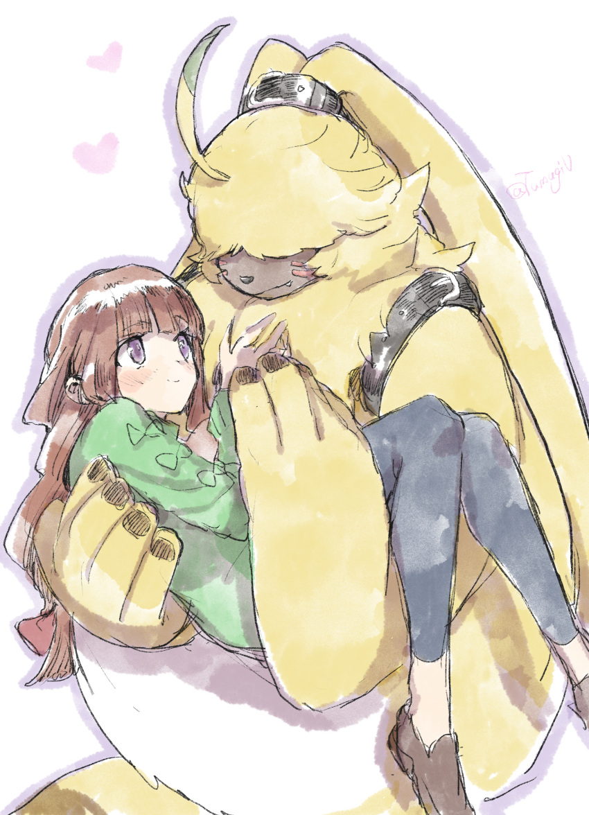 1boy, 1girl, absurdres, angoramon, body_fur, brown_hair, carrying, commentary_request