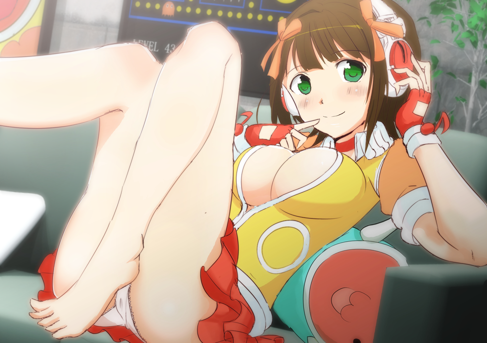 amami_haruka, barefoot, breasts, brown_hair, cleavage, feet, fingerless_gloves, gloves, green_eyes, hair_ribbon, headphones, idolmaster, namco, nattsu, open_clothes, open_shirt, pac-man_(game), panties, pantyshot, pantyshot_(sitting), pantyshot_sitting, pillow, pop_sound_blossom, ribbon, shirt, sitting, skirt, smile, solo, taiko_no_tatsujin, toes, underwear