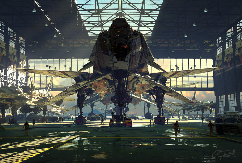 aircraft, aircraft_hanger, airplane, blue_sky, clouds, cloudy_sky, commentary, english_commentary