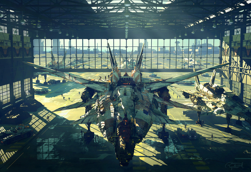 aircraft, aircraft_hanger, airplane, commentary, english_commentary, highres, motor_vehicle, original