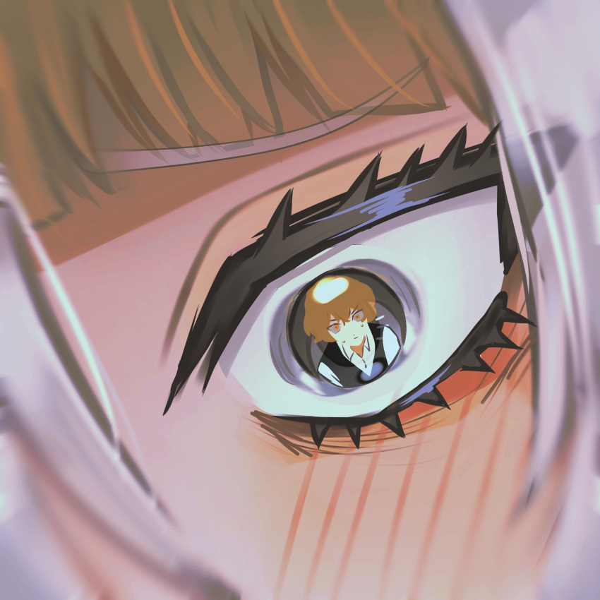 1boy, 1girl, black_vest, blonde_hair, blunt_bangs, blurry, blush, closed_mouth, collared_shirt, depth_of_field, eye_reflection, eyelashes, grey_eyes, hair_between_eyes, haneetyann, hashtag-only_commentary, highres, kromer_(project_moon), limbus_company, looking_at_another, multicolored_hair, nervous_sweating, project_moon, reflection, rounded_collar, shirt, sinclair_(project_moon), streaked_hair, sweat, tsurime, undershirt, vest, white_hair, white_shirt, white_sleeves, wide-eyed, yellow_eyes