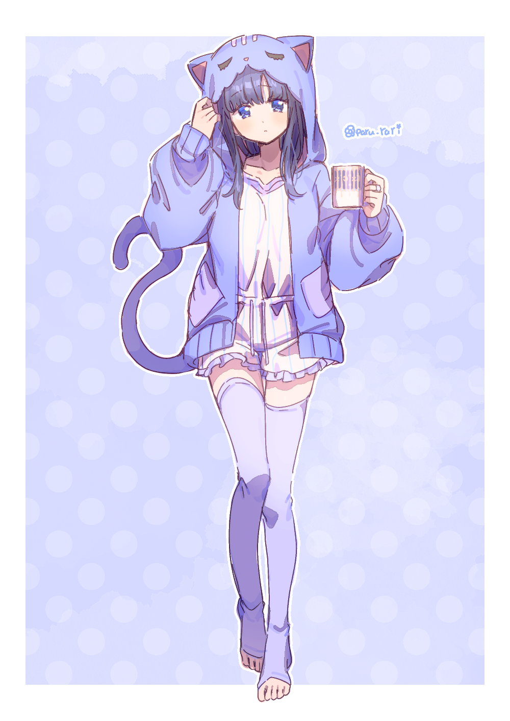 1girl, animal_hood, black_hair, blue_eyes, blue_hoodie, blue_thighhighs, blush, border, cat_hood, cat_tail, closed_mouth, commentary_request, cup, dot_nose, full_body, hands_up, highres, holding, holding_cup, hood, hood_up, hoodie, kozue_mayu, long_hair, looking_at_viewer, magia_record:_mahou_shoujo_madoka_magica_gaiden, mahou_shoujo_madoka_magica, open_clothes, open_hoodie, outline, outside_border, polka_dot, polka_dot_background, purple_thighhighs, serizawa_serizane, shirt, shorts, solo, standing, tail, thigh-highs, toeless_legwear, twitter_username, white_border, white_outline, white_shirt, white_shorts