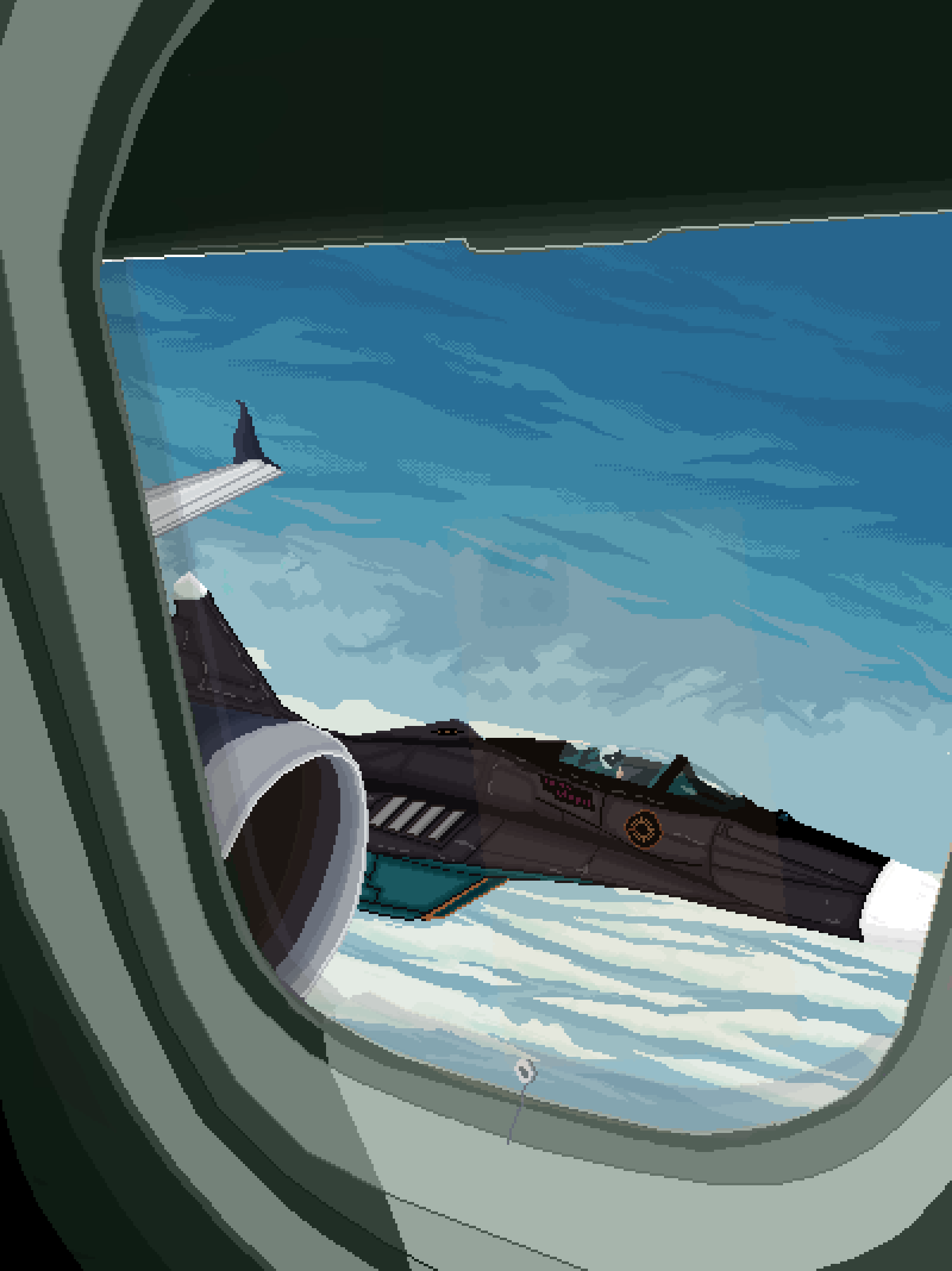 1boy, above_clouds, aircraft, airplane, airplane_interior, blue_sky, clouds, diplomat_(project_wingman), fighter_jet, helmet, highres, jet_airliner, looking_outside, middle_finger, mig-29, mikecraftz, military, military_vehicle, open_window_shutter, oxygen_mask, pilot, pilot_helmet, pixel_art, project_wingman, scenery, sky, weapon, window