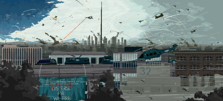 absurdres, aerial_battle, aircraft, airplane, battle, black_smoke, blue_sky, building, cascadian_flag, cascadian_independence_force, ch-47_chinook, city, cityscape, clouds, cloudy_sky, contrail, destruction, english_text, fire, graffiti, hanged, helicopter, highres, mikecraftz, military, military_vehicle, missile_trail, motor_vehicle, pixel_art, poster_(object), project_wingman, projectile_trail, road, rope, scenery, sky, skyscraper, street, tank, transmission_tower, war, weapon