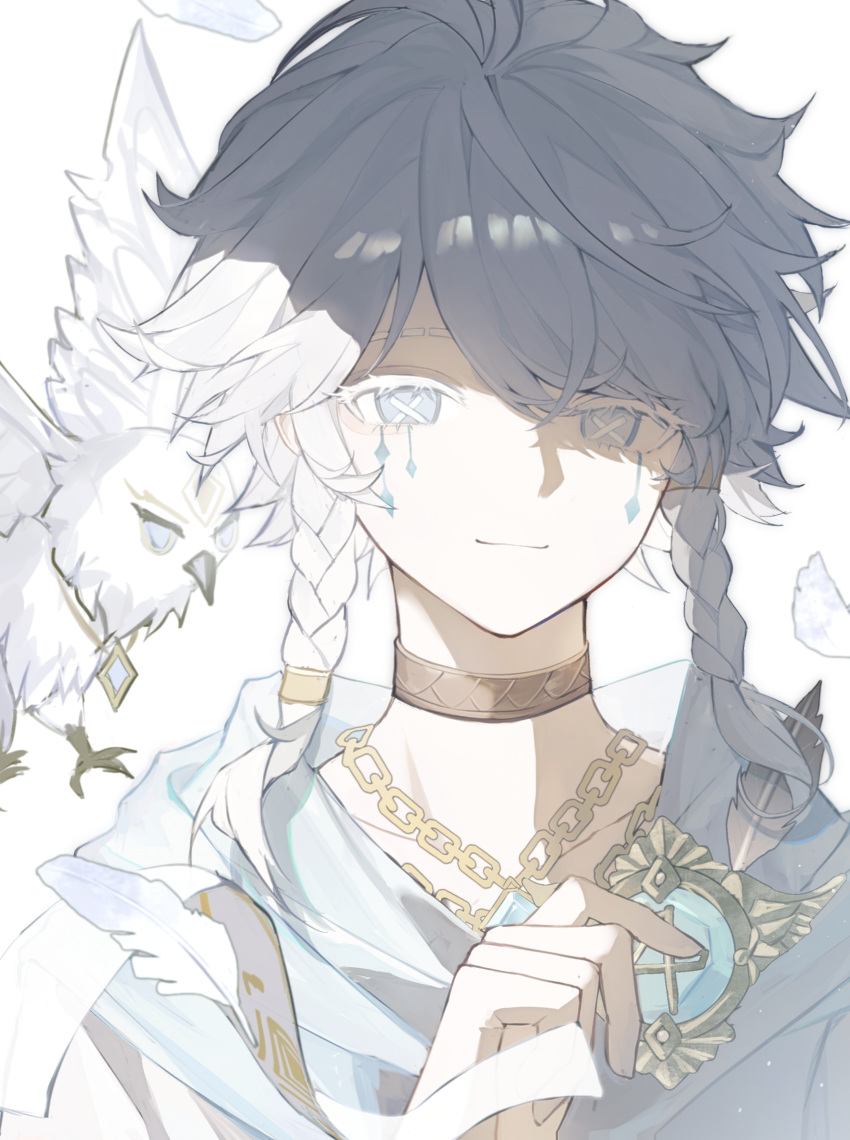 1boy, anlingennny, bird, bird_wings, blue_eyes, braid, braided_sidelocks, chain, chain_necklace, chinese_commentary, choker, colored_eyelashes, commentary_request, eli_clark, eli_clark_(white), facial_mark, hand_up, highres, holding, holding_jewelry, holding_necklace, identity_v, jewelry, looking_at_viewer, male_focus, necklace, shawl, shirt, short_hair_with_long_locks, simple_background, smile, solo, white_background, white_bird, white_eyelashes, white_shawl, white_shirt, wings, yellow_choker