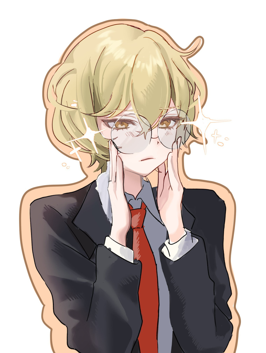 1boy, adjusting_eyewear, bespectacled, black_jacket, black_sleeves, blonde_hair, brown_eyes, brown_outline, closed_mouth, collared_shirt, commentary_request, cowlick, dress_shirt, eyelashes, glasses, glint, hair_between_eyes, hands_up, highres, ingan0123, jacket, korean_commentary, lapels, layered_sleeves, light_blush, limbus_company, long_sleeves, looking_at_viewer, looking_to_the_side, male_focus, necktie, open_clothes, open_hands, open_jacket, outline, project_moon, red_necktie, rimless_eyewear, round_eyewear, rounded_collar, shirt, sinclair_(project_moon), solo, suit_jacket, tsurime, undershirt, upper_body, white_background, white_shirt, white_sleeves