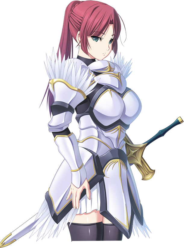 1girl, armor, black_thighhighs, breastplate, breasts, cowboy_shot, dungeon_of_regalias, game_cg
