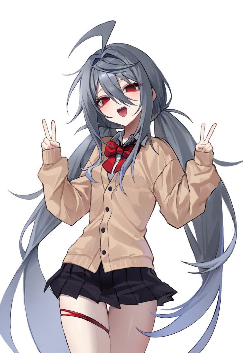 1girl, aco_(aco_7313), ahoge, black_skirt, black_survival, brown_cardigan, cardigan, collared_shirt