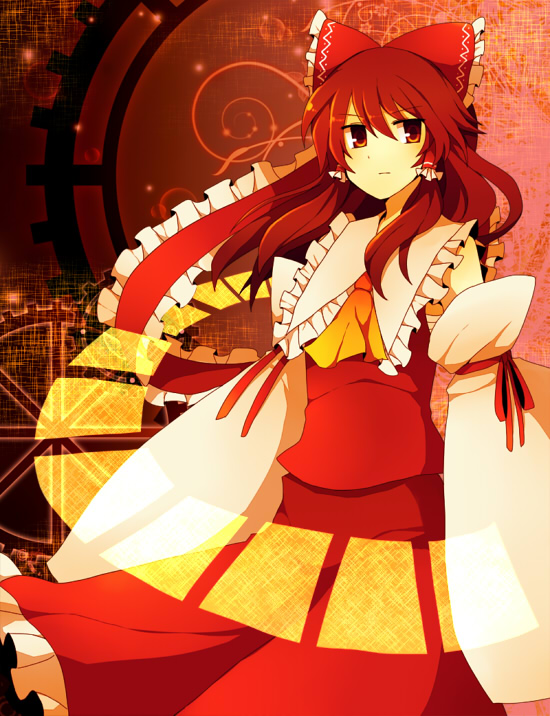 brown_eyes, brown_hair, detached_sleeves, hair_ribbon, hakurei_reimu, long_hair, miko, ribbon