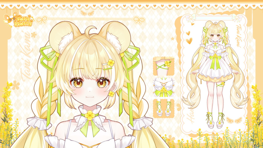 1girl, animal_ears, blonde_hair, braid, frilled_skirt, frills, green_ribbon, highres