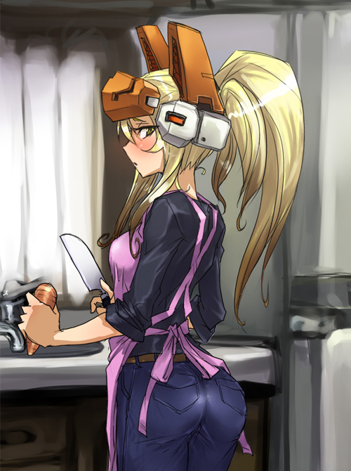 ass, belt, blonde_hair, blush, carrot, casual, cosmic_break, headgear