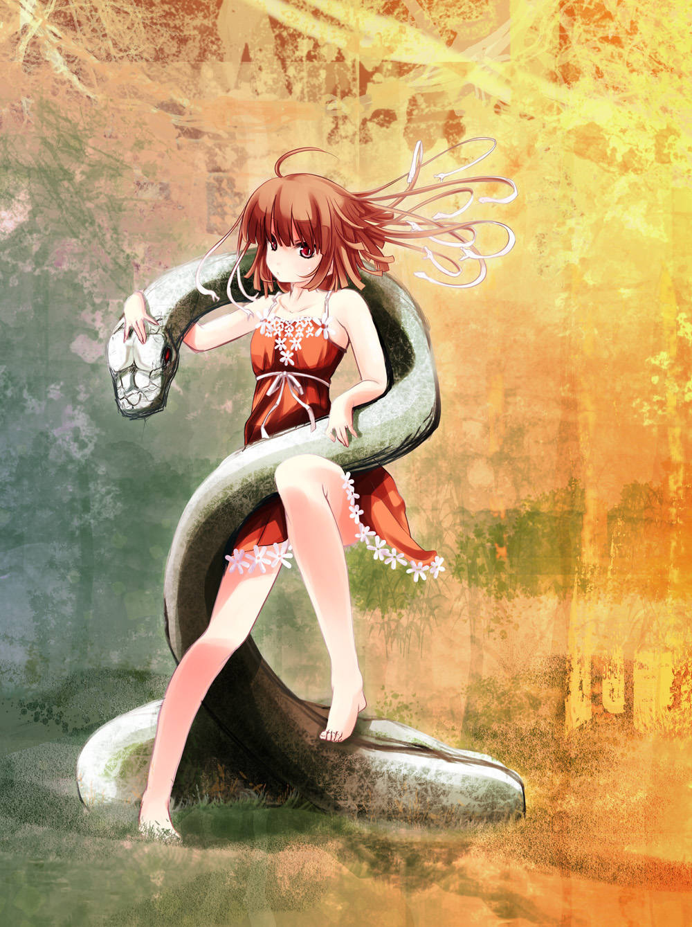 barefoot, brown_eyes, brown_hair, dress, feet, highres, living_hair, monogatari_(series)