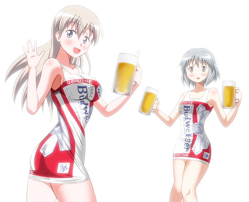 bare_shoulders, beer, blonde_hair, budweiser, clothes_writing, clothing_writing, costume, cup