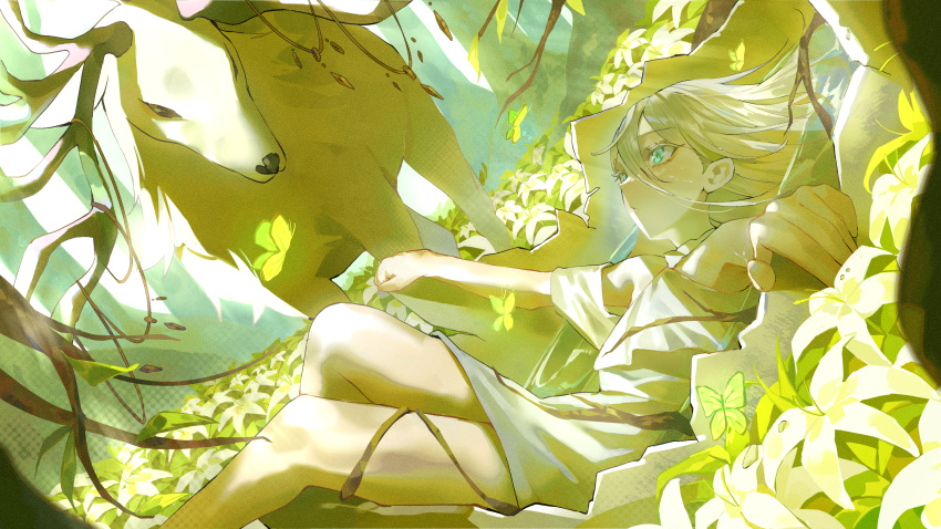 1other, absurdres, animal, bare_shoulders, blue_eyes, bug, butterfly, commentary_request