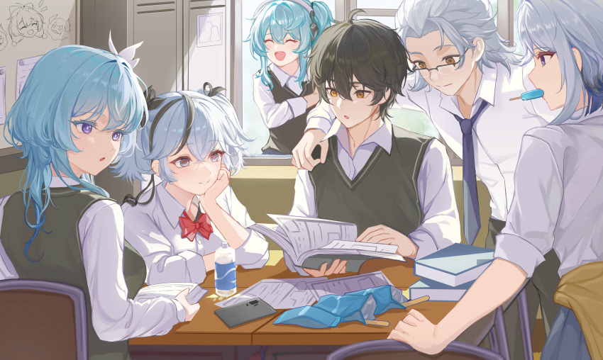 2boys, 2nom_shiki, 4girls, aalto_(wuthering_waves), absurdres, alternate_costume, arm_around_shoulder, bespectacled