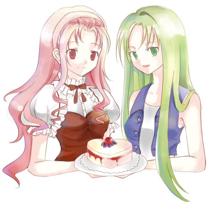 blonde_hair, cake, cherry, food, fruit, green_eyes, harvest_moon, harvest_moon:_friends_of_mineral_town, harvest_moon_friends_of_mineral_town, headband, indigo_(artist), karen_(harvest_moon), long_hair, multiple_girls, pastry, pink_hair, popuri_(harvest_moon), red_eyes, ribbon, smile, vest, zhanzhan_lan