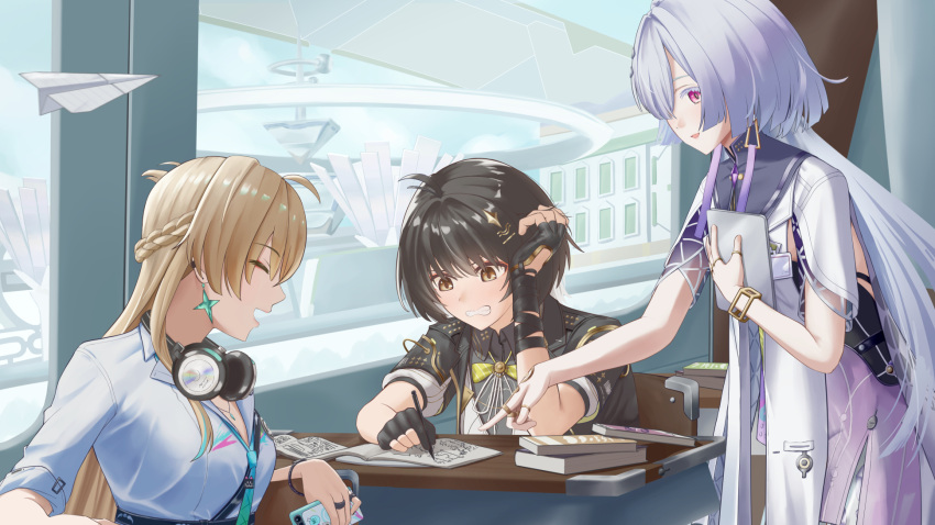 black_gloves, black_hair, black_jacket, blonde_hair, blush, clenched_teeth, closed_eyes, colored_eyelashes