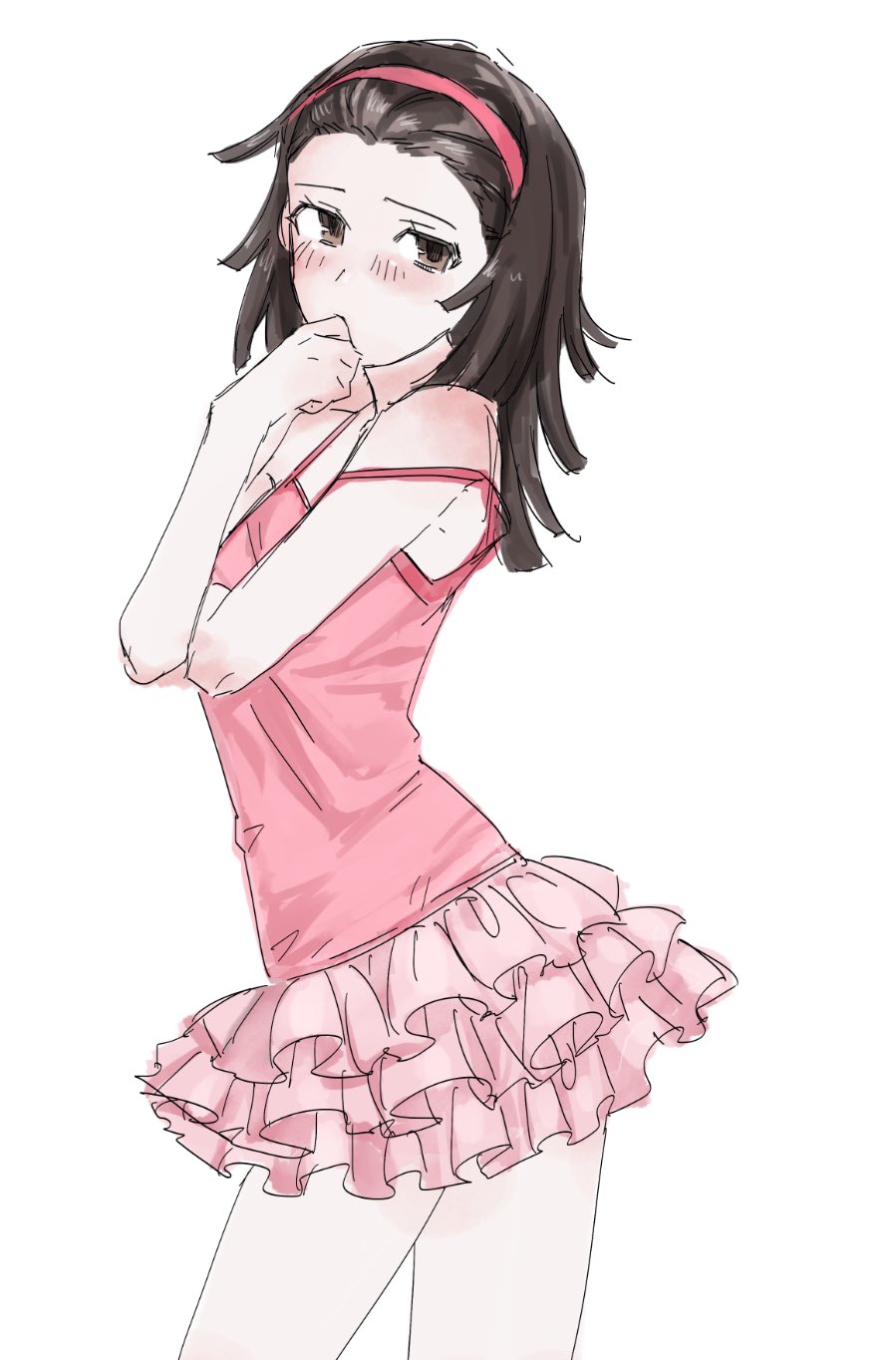 1girl, averting_eyes, bare_shoulders, blush, breasts, brown_eyes, brown_hair, camisole, covered_mouth, covering_own_mouth, embarrassed, flirty_nadeko, forehead, frilled_skirt, frills, from_si, hairband, hand_over_own_mouth, hand_up, highres, looking_to_the_side, maeyakara000, medium_hair, monogatari_(series), nervous, off_shoulder, pink_camisole, pink_hairband, sengoku_nadeko, shy, single_off_shoulder, skirt, small_breasts, smile, solo, spaghetti_strap, strap_slip