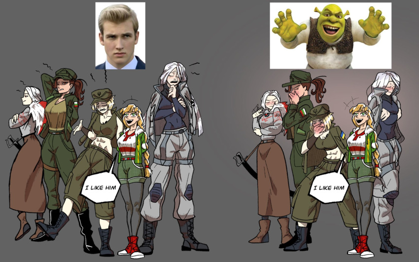 5girls, alpha_(alpha_1918), before_and_after, black_boots, black_shirt, blonde_hair, blush, boika_(snow_draw)