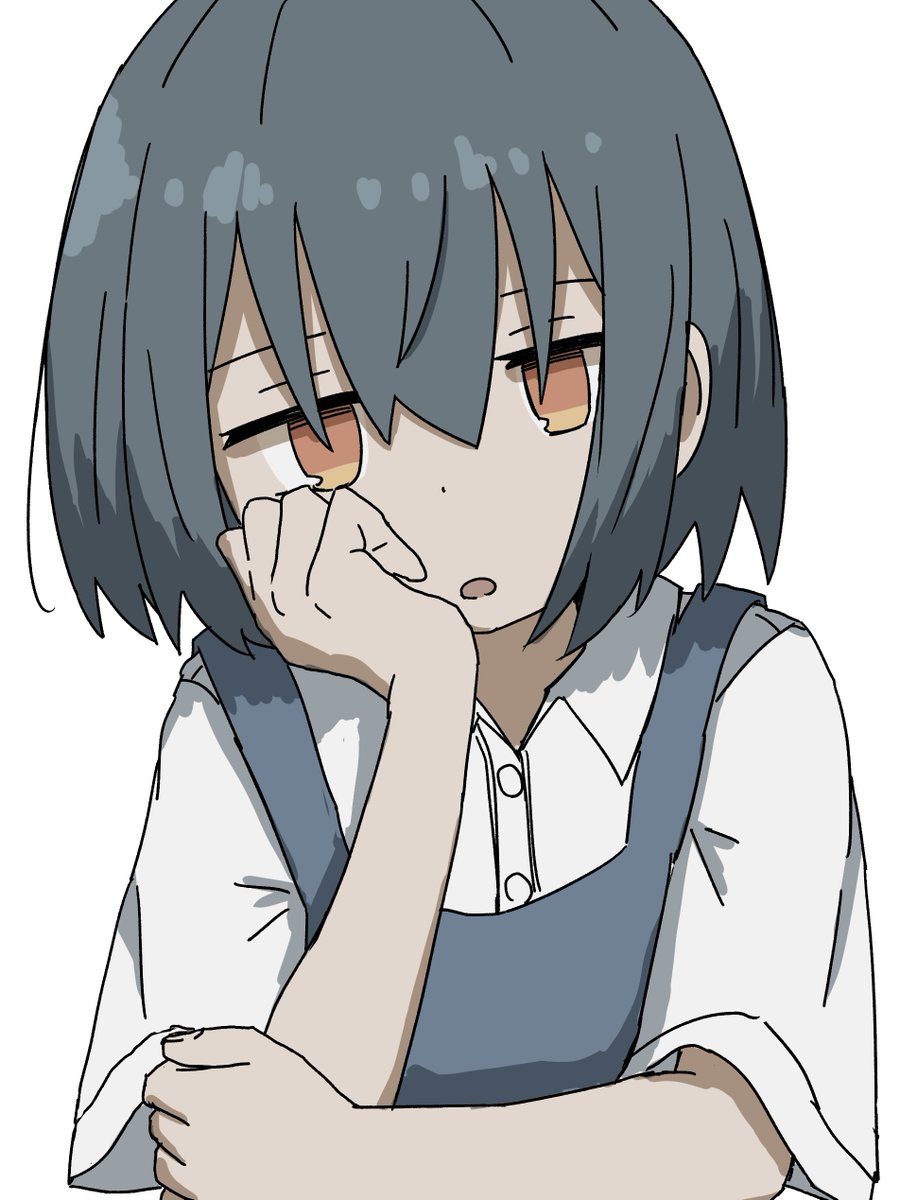 1girl, bad_id, bad_twitter_id, buttons, collared_shirt, dot_nose, grey_hair, highres