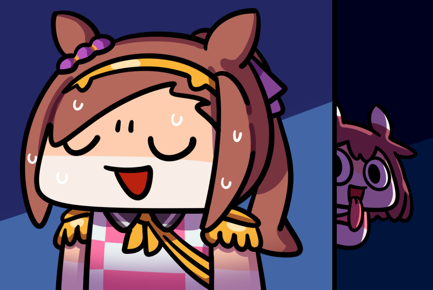 2girls, animal_ears, bakushin_o_armpit_gif_(meme), brown_hair, chibi, closed_eyes, commentary, ear_covers, epaulettes, gold_hairband, hair_between_eyes, hairband, hashtag-only_commentary, highres, horse_ears, horse_girl, keenbiscuit, long_hair, long_tongue, looking_at_another, meme, multiple_girls, open_mouth, ponytail, sakura_bakushin_o_(blossom_in_learning)_(umamusume), sakura_bakushin_o_(umamusume), sakura_chiyono_o_(umamusume), sleeveless, smile, sweat, tongue, tongue_out, umamusume