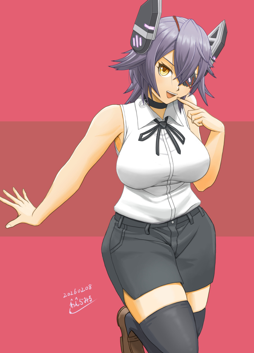 1girl, black_shorts, black_thighhighs, chainsaw_man, collared_shirt, cosplay, dated, dress_shirt