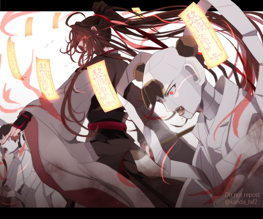 1boy, ahoge, aura, black_hair, black_hanfu, brown_hair, chenqing_flute, chinese_clothes