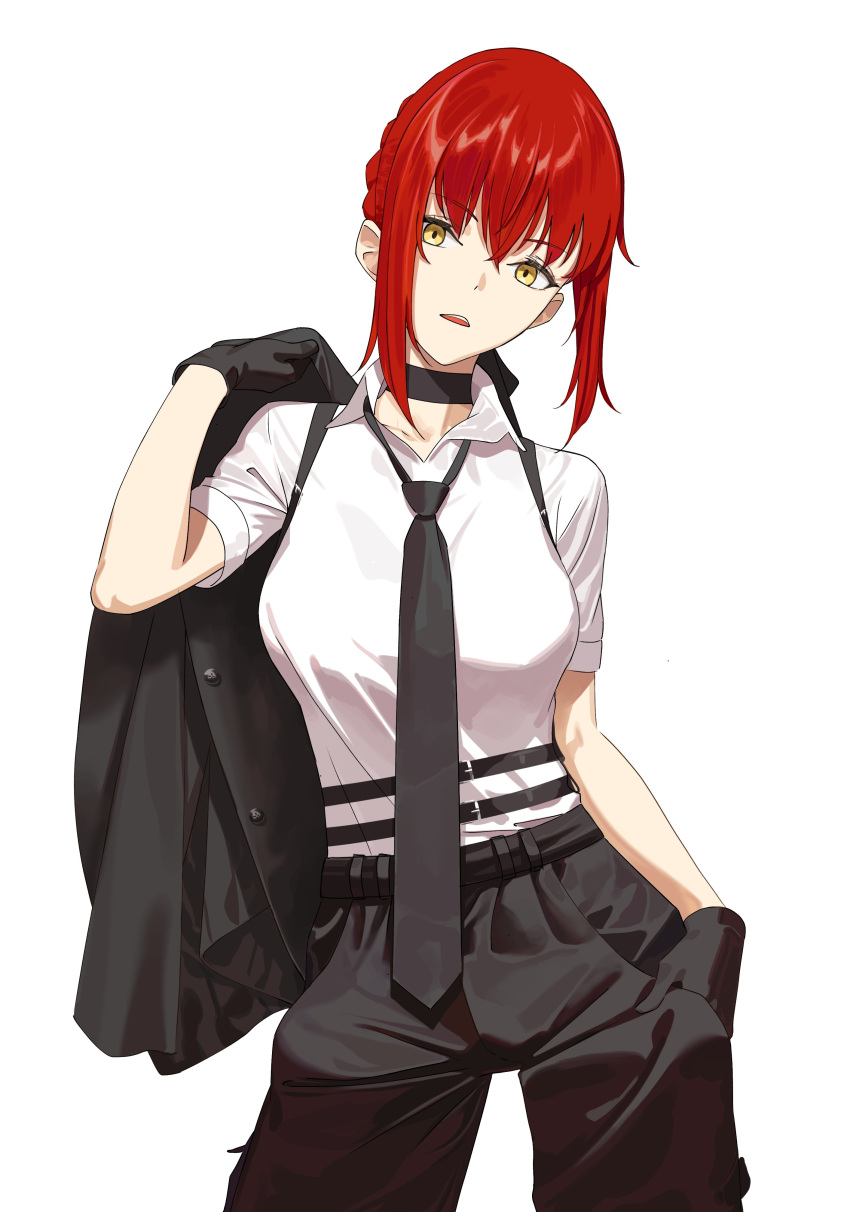 1girl, absurdres, alternate_costume, black_choker, black_gloves, black_jacket, black_necktie, black_pants, choker, commentary, fate/strange_fake, fate_(series), fudayasa, gloves, hair_between_eyes, head_tilt, highres, hippolyta_(fate), jacket, looking_at_viewer, necktie, pants, red_hair, shirt, short_hair, short_sleeves, sidelocks, simple_background, solo, unworn_jacket, white_background, white_shirt, yellow_eyes